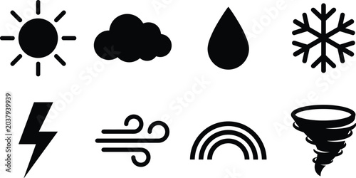 Photos Natural Elements and Weather Phenomena Vector Icon Collection, sun cloud raindro