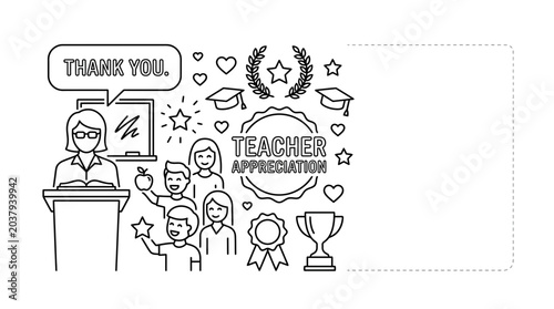 Tableau sur toile Teacher Appreciation Day Outline Illustration with Students and Academic Icons