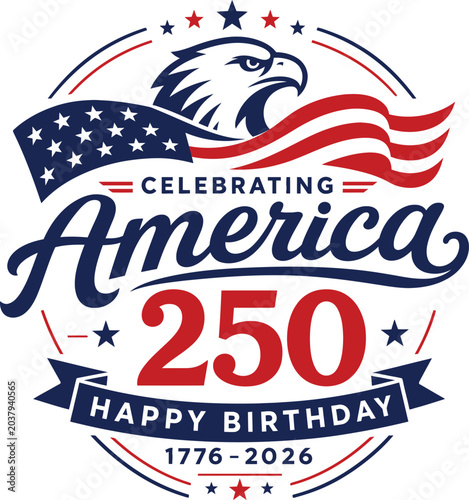 Sticker America 250 Years Celebration Logo with Patriotic Red White and Blue Stars Ameri