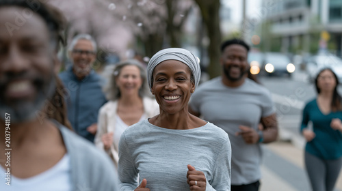 Diverse group of middle-aged adults jog through a cherry blossom lined urban park, laughing mid-stride, no fitness trackers visible on any wrist, movement purely joyful, petals