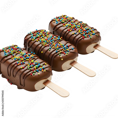 Three chocolate ice cream bars with colorful sprinkles isolated on transparent background