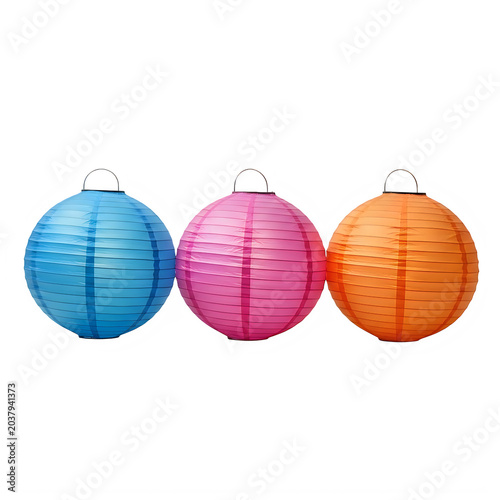 Three colorful paper lanterns hanging in a row isolated on transparent background