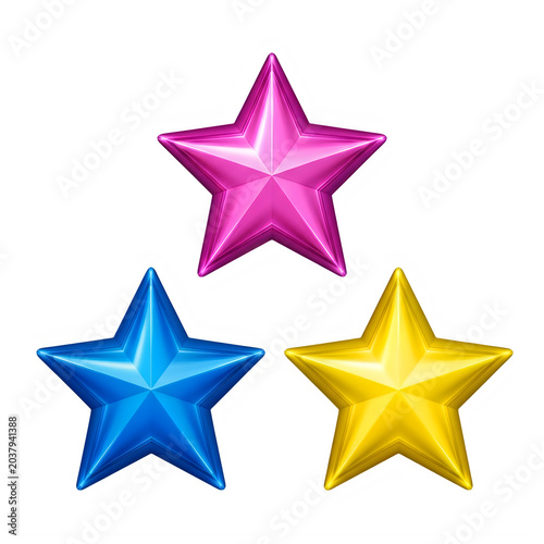 Three colorful shiny star icons in pink blue and yellow isolated on transparent background