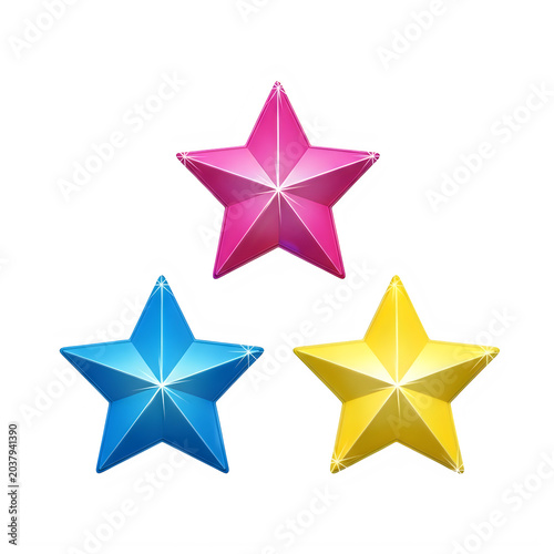 Three colorful shiny star icons in pink blue and yellow isolated on transparent background