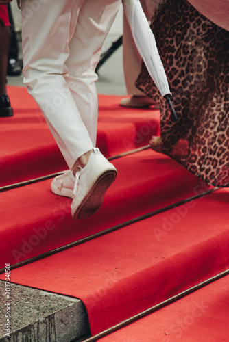 Staircase stairs with red carpet, ropes and golden barriers, luxury party entrance decorations, cinema premiere film festival event award gala, opening ceremony, wealthy rich guests arriving on steps