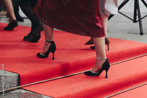 Konstfotografi Staircase stairs with red carpet, ropes and golden barriers, luxury party entran