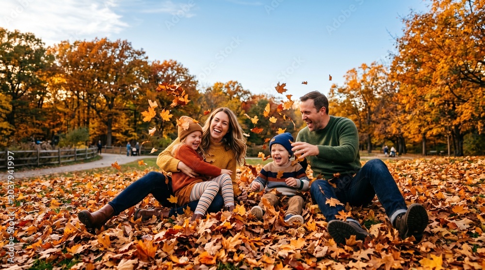 Obraz premium Happy family playing in autumn leaves in a park during fall season