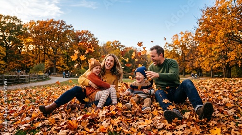Happy family playing in autumn leaves in a park during fall season