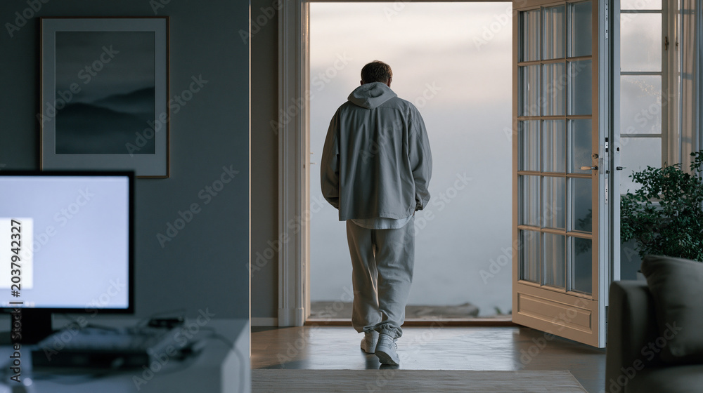 Fototapeta premium Solitary digital artist walking away from a glowing monitor after deleting a year of rejected work, early morning mist visible through the studio door left ajar, ideal for