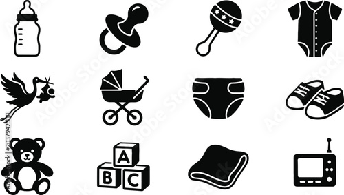 Foto Baby Care Essentials Pack, Newborn Cute Toys Infancy Vector Silhouette Set