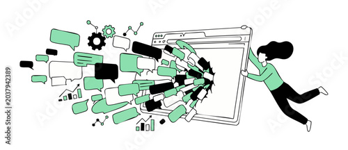 Online communication overload flat illustration showing a woman struggling with massive speech bubbles flood from browser window, symbolizing social media feedback storm, modern digital marketing tool