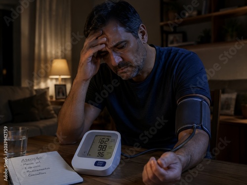 A worried middle-aged man measures his blood pressure at home at night using a digital monitor showing high readings, looking stressed and concerned about his cardiovascular health and hypertension