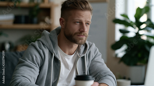 Remote startup founder video-calling an investor from a modest apartment, spring light flooding in, but visible behind them is a whiteboard tracking dangerously low runway weeks,