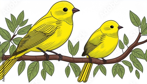 bright yellow birds on branch isolated on white background