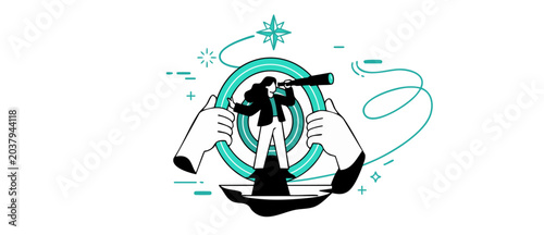 Fotografija Businesswoman target telescope strategy vision looking at future goals with giant hands holding bullseye target vector illustration concept flat design minimalist art for finance marketing success