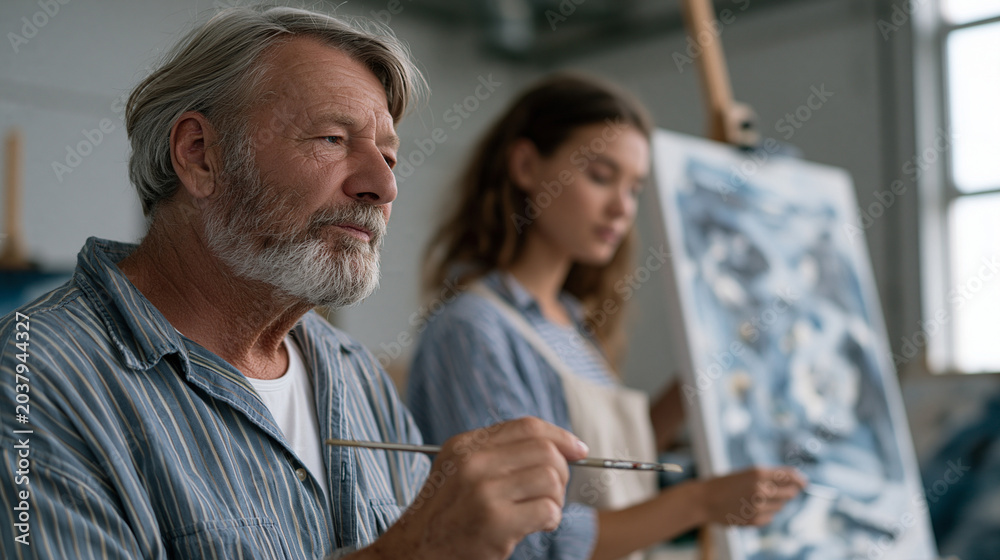 Fototapeta premium Elder man and younger woman side by side painting canvases in a seniors creative program, their works contrasting boldly in style, industrial community center walls behind them,
