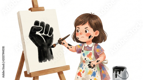 Young girl painting a black fist on canvas with a brush  