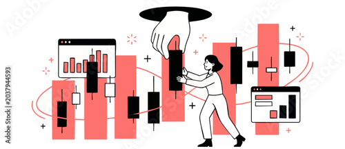 Fotografie Stock market trading analysis illustration of woman placing cryptocurrency candlestick chart with a giant hand, showing financial growth, online investment, data dashboard, and risk management