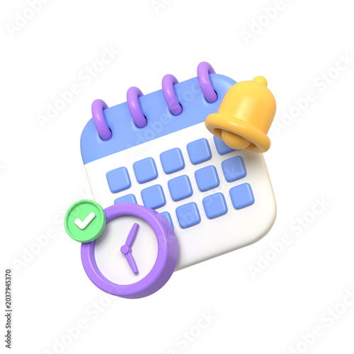 Minimalist 3D render of a calendar with a bell notification and a clock symbolizing important events schedule planning and reminder alerts.3d render