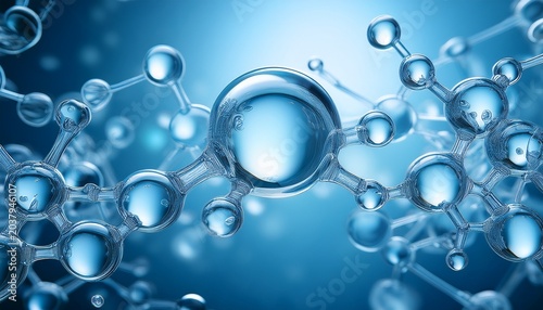 connected water molecules on a light blue background close up generative ai