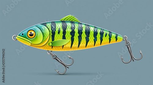 3D isometric game icon of a vibrant, realistic fishing wobbler lure with yellow and green perch pattern isolated on a gray background created with Generative AI Technology, ai, generative