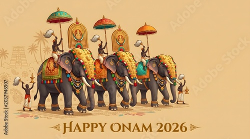Happy Onam 2026 illustration with three ornate elephant in Kerala temple procession