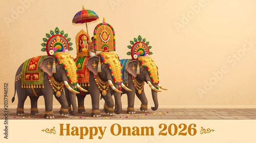 Happy Onam 2026 banner with three decorated elephant in traditional Kerala procession