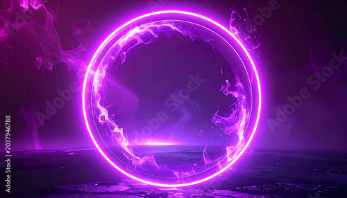 Glowing neon purple ring portal with swirling particles and cosmic dust on a dark reflective surface, futuristic abstract background