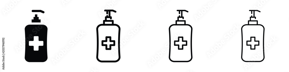 Fototapeta premium Set of hand sanitizer bottle icons with a cross symbol for hygiene and health