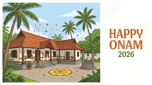 Traditional Kerala home with pookalam and coconut tree during Onam festival celebration