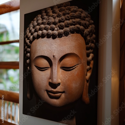 Buddha Statue Wall Art Displayed in a Modern Room With Light Fixtures and Plants