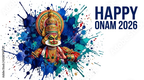 Happy onam 2026 greeting banner with kathakali dancer on blue ink splash