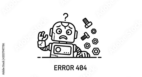 Tableau sur toile Robot displays error 404 with question mark and tools nearby