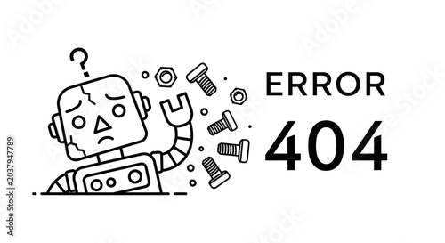 Foto Robot displays error 404 with question mark and tools nearby