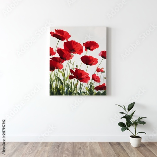 Bright Red Flowers in a Simple Room With a Green Plant Beside the Wall