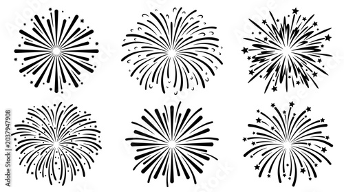 Collection of six stylized black and white fireworks bursts on a white background