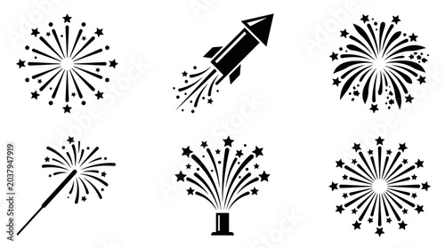 Collection of black and white firework icons and illustrations for celebrations