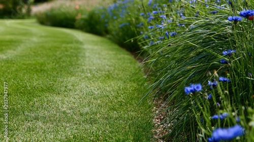 lawn to meadow transition, a modern landscape trend with a neat lawn blending into a wildflower meadow a mowed path runs through tall grasses, poppies, and cornflowers bright natural light captures