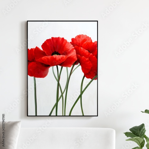 Bright Red Flowers in a Simple Room With a Green Plant Beside the Wall