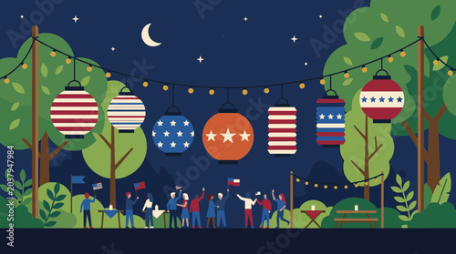 People celebrating at a night party with American flag lanterns and trees