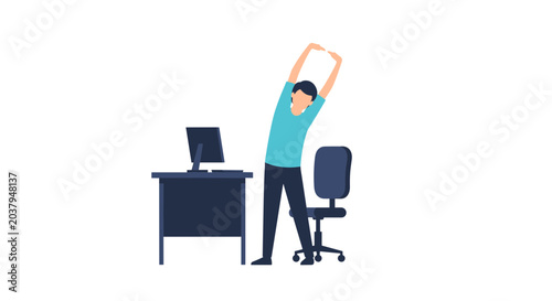Man stretching at office desk with computer and chair healthy lifestyle concept