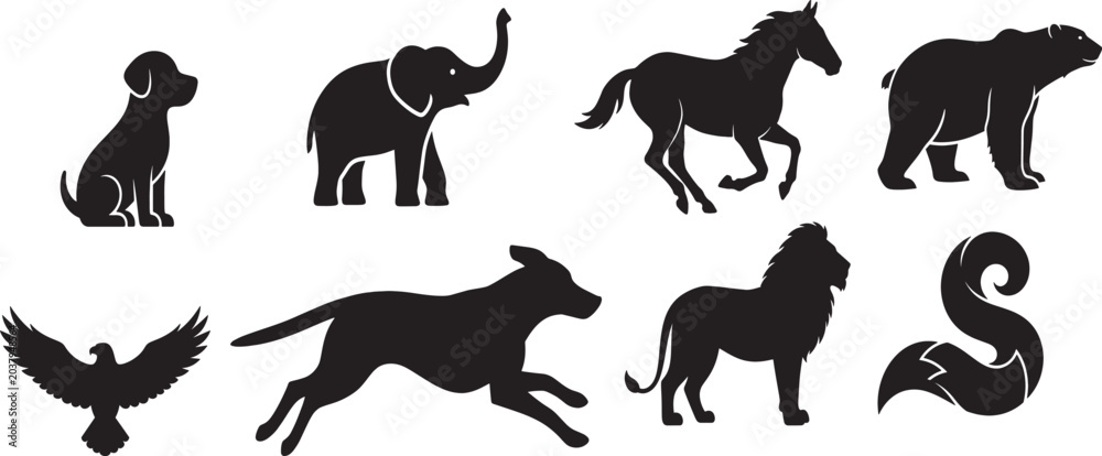 Obraz premium Black silhouettes of various animals on white background