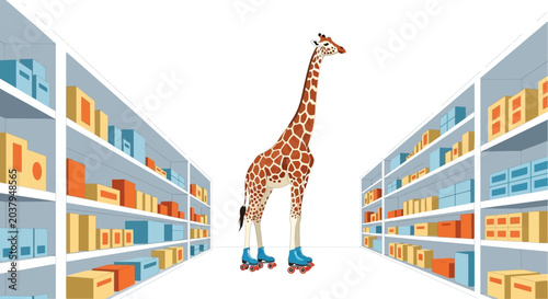 Fotografía Giraffe on Roller Skates in a Warehouse Aisle