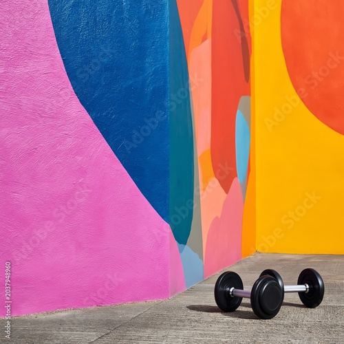 Weights Rest on Blue Surface With Red and Yellow Walls in Fitness Space at Mi...