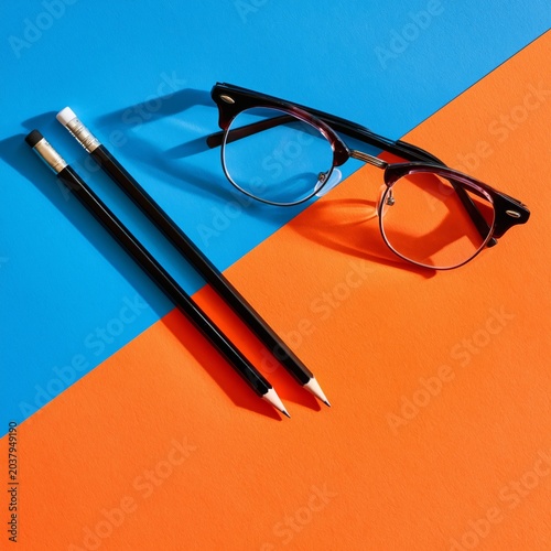 Glasses and Pencils Placed on Blue and Orange Paper Backgrounds Create a Brig...