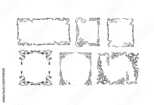 Hand drawn vector abstract outline,graphic,line vintage celebration ornament art nouveau frames set in drawing elegant style.Elegant decoration vintage outline design isolated. Floral ornament border
