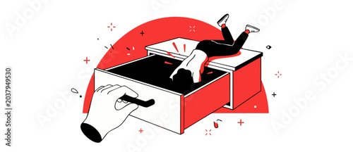 Data search deep dive concept: person diving headfirst into open drawer pulled by a giant hand in minimalist red and black flat vector line illustration representing curiosity and document research.