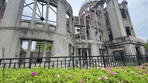 Hiroshima, Japan famous A-Bomb dome (atomic bomb dome) building. Panning up 