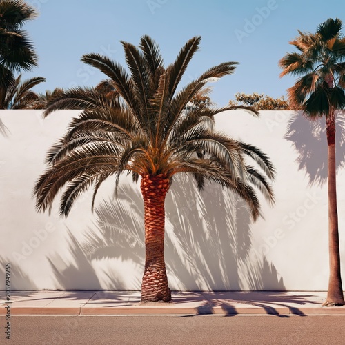 Palm Trees Stand Against a White Wall on a Sunny Day in a City