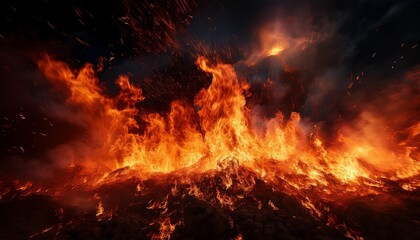 a raging fire with bright flames and embers against a dark background illustrating the power and destruction of fire